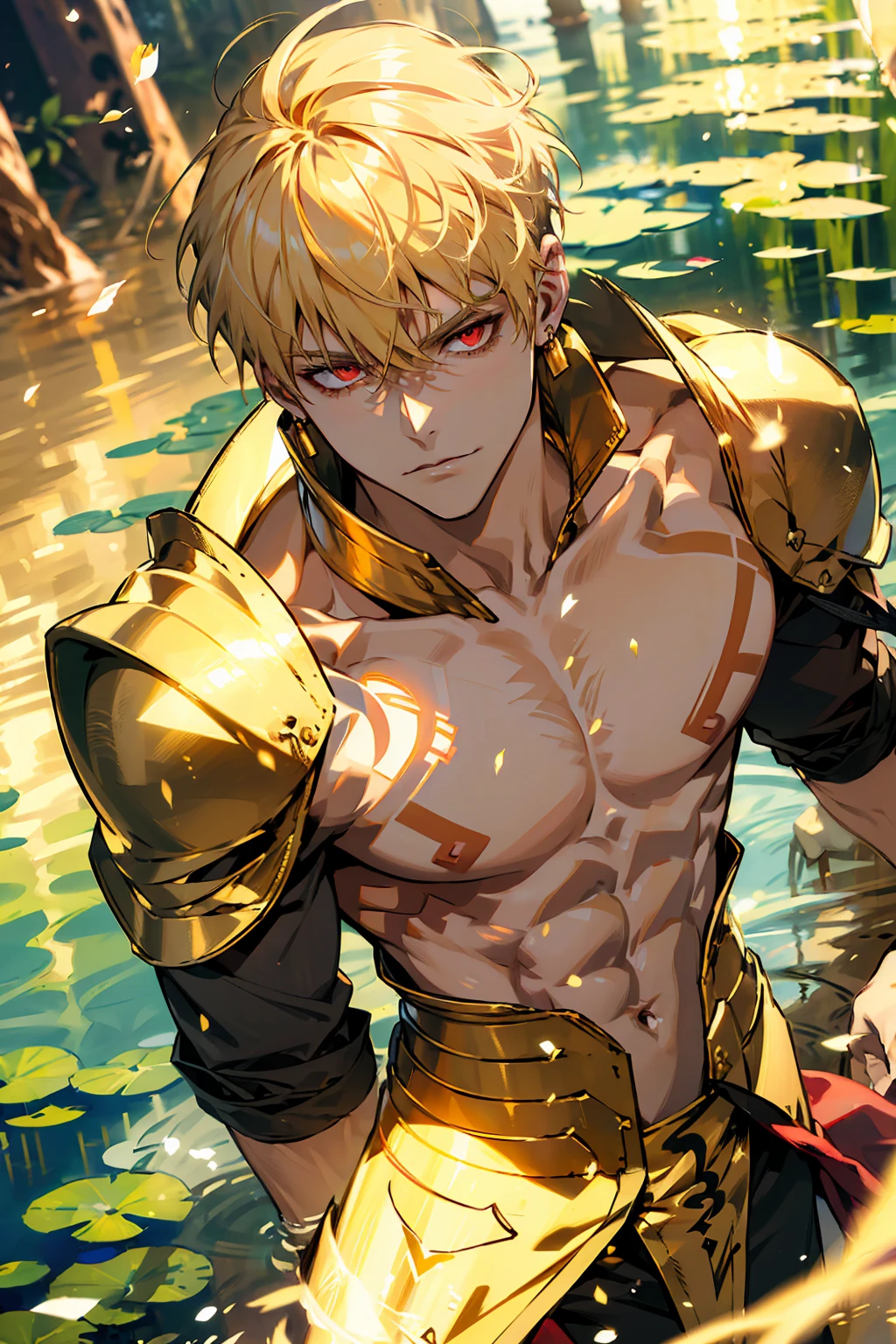 (absurdres, highres, ultra detailed, HDR), masterpiece, best quality, Gilgamesh, 1man, solo, handsome, short hair, blonde hair, vibrant red eyes, finely eye and detailed face, topless, gold armor, tattoo, golden jewelry, golden earrings, water, pink lotus, petals 