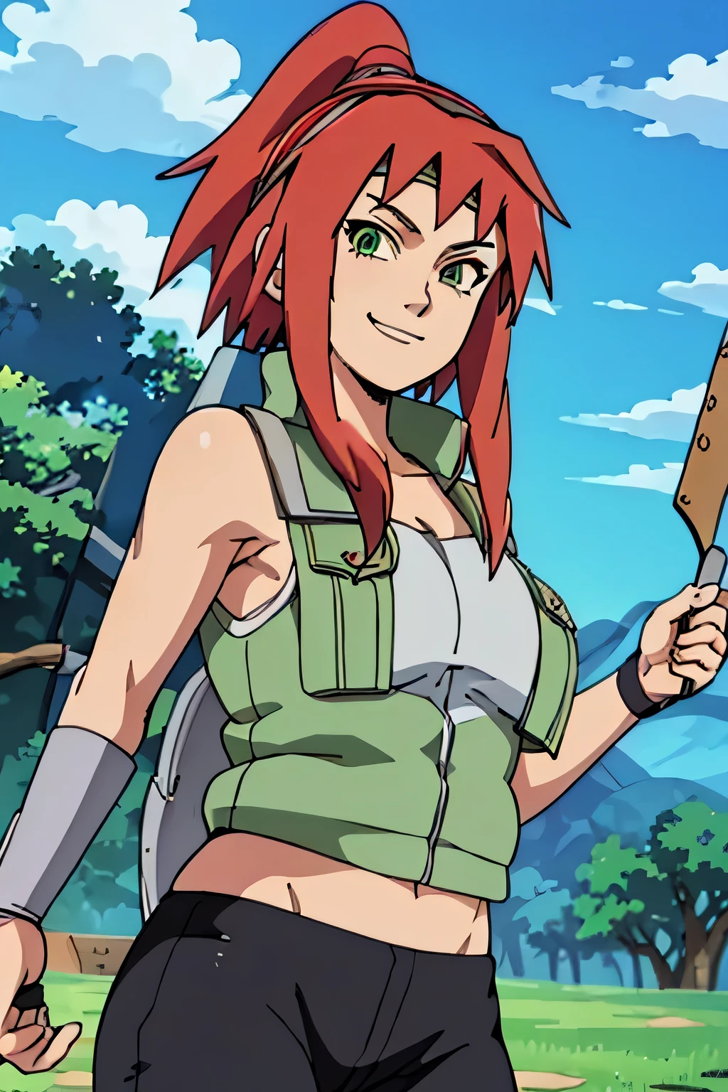 masterpiece, best quality, green vest, white shirt, black pants, cowboy shot, large breasts, looking at viewer, holding kunai, holding, staff, smile, forest, sky, clouds dynamic pose, smug smile, smug look, red hair, green eyes, nornal hands, normal eyes, defined curves, self-assured, Konoha leaf headband on left arm, Leaf village headband, Konoha headband, leaf village vest