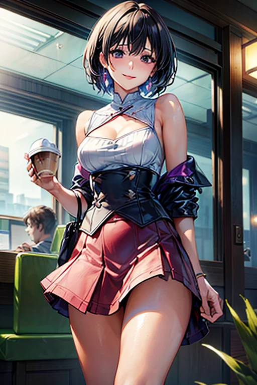 (masterpiece, Best Quality, ultra-detailed, high resolution, extremely detailed CG, official art, Professional Lighting, Perfect Anatomy), (from below), looking at viewer, cowboy shot, perfect body, 24yo beautiful 1girl, delicate beautiful face, Bright magenta eyes, cute eyes, sparkling eyes, (perky chest:1.1), (pointed chest:1.3), medium hips, glamorous body,a small face,beautiful-makeup,Makeup light,Shortcut Hair,dark brown hair, Amazing Cleavage:1.2,Raised sexy, small breast: 1.2 ,posed cleavage:1.2, bare legs, nail_polish, Waiting friend, (at morning:1.5), tokyo, (convenience store:1.3), outdoor, (depth of field:1.3), contrapposto, (Hold a coffee in your hand:1.3), looking at viewer,(double breasted:1.1,under bust:1.2), gap between buttons,(((Extremely short mini skirt,))) seductive weak smiling,(with sparkling eyes and a contagious smile),open mouth, Looking at Viewer,