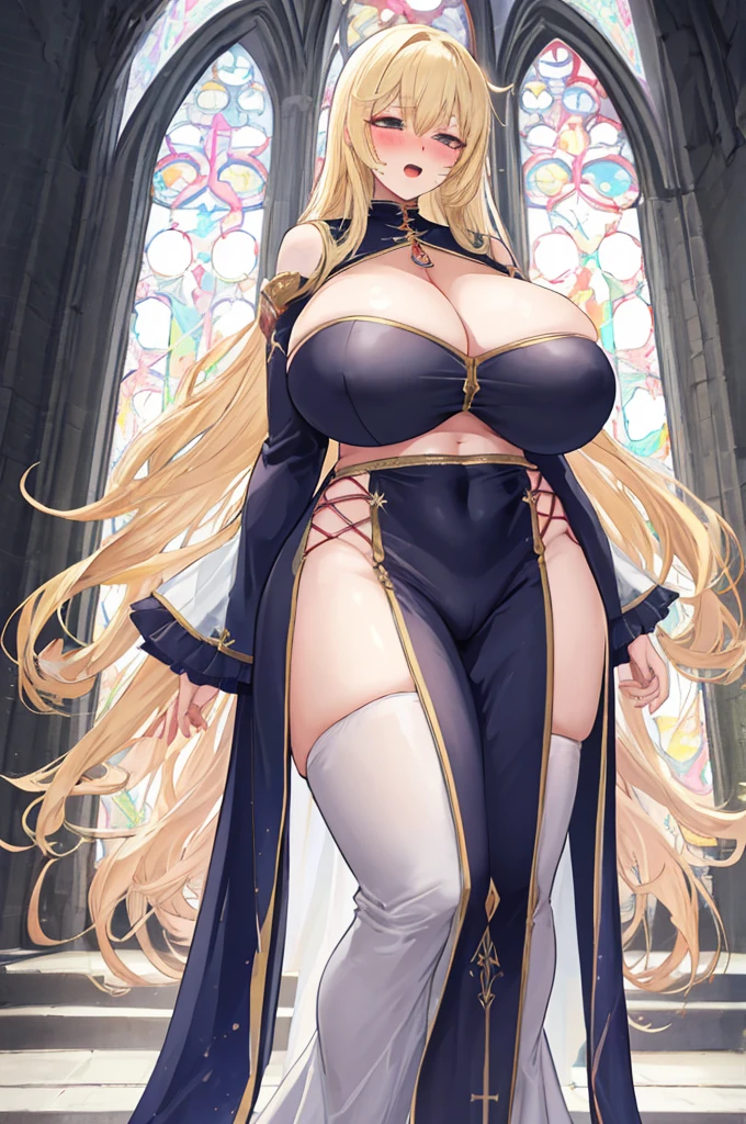 A woman with big ,Gorgeous woman,((ahegao)),A devout believer,Long blond hair,Exquisite,((transparent)),Cleavage,Slim waist,Showing belly,pubic,Thin body,blush,cathedral