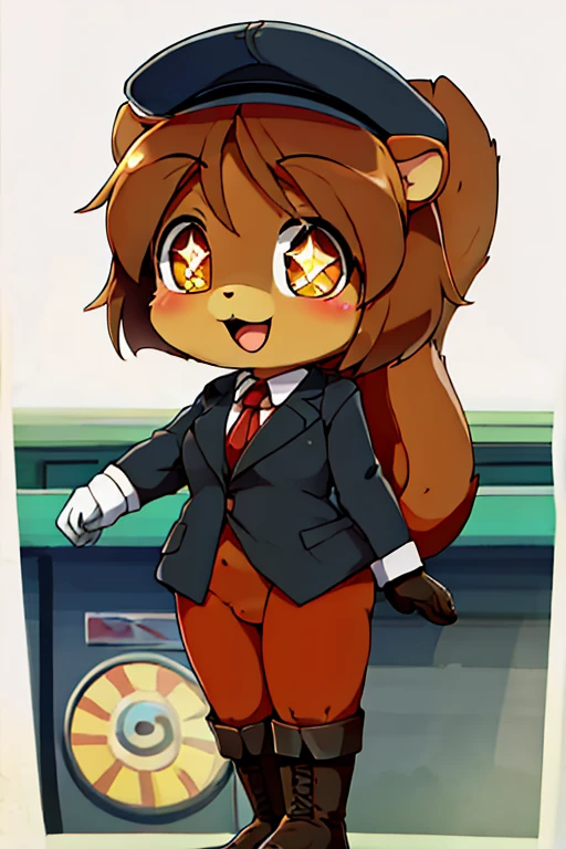 boy, squirrel, furry, bodyfur, blazer, bottomless, color tights, gloves, boots, chibi, happy, sparkling eyes, train, train driver, @_@