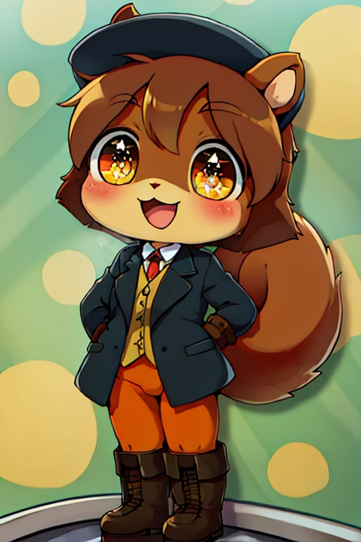 boy, squirrel, furry, bodyfur, blazer, bottomless, color tights, gloves, boots, chibi, happy, sparkling eyes, train, eating stick