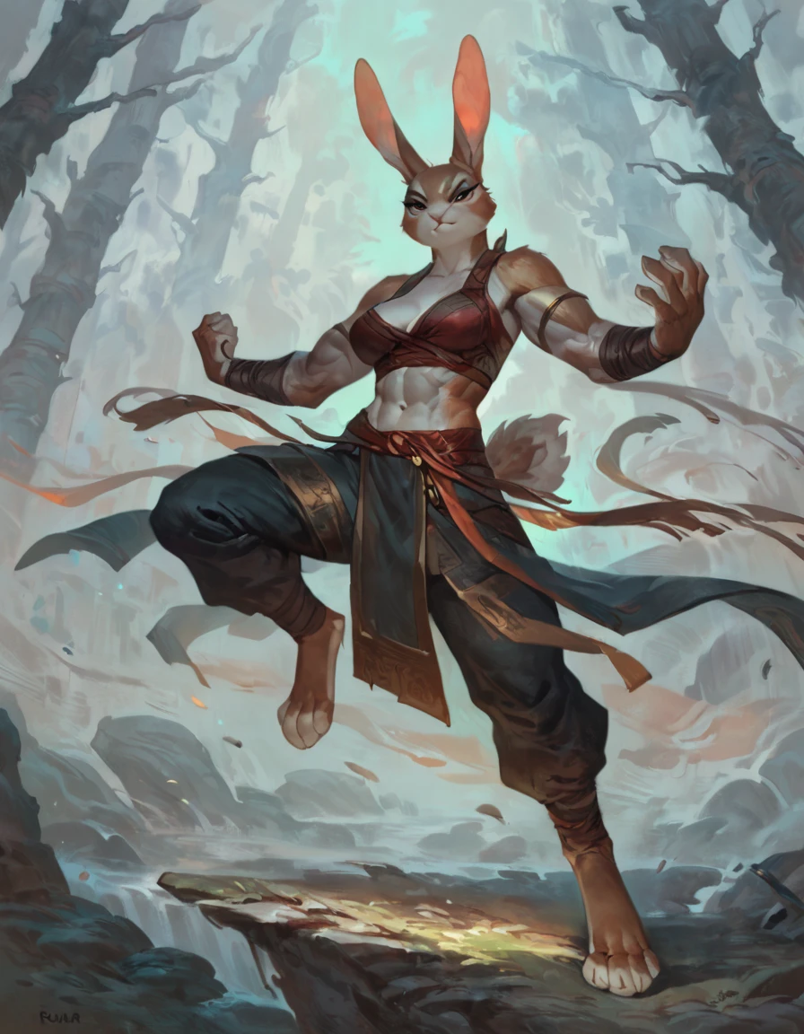 By Ruan Jia, by ross tran, female anthro rabbit, solo, monk, forest, proud expression, night, standing, midriff, muscular, detailed, newest, feet, battle pose, (2023:1), (best_quality:1), (high_quality:1), (absurd_res:1), (hi_res:1), (detailed:1),