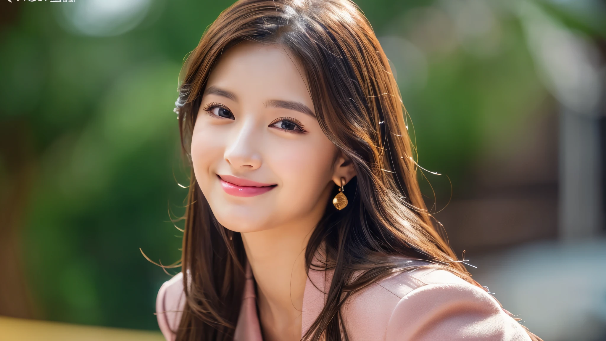 one person、young、beautiful、Female announcer、Shaped face contour、Long Hair、Brown Hair、Fine iris、Elegant、Sexy face、Glowing Skin、Juicy lips、An open, seductive smile、Thick eyelasheodel Body Type、Earrings、blush、suit、Tight mini skirt、Perfect lighting、Perfect Shadow、Perfect Anatomy(((masterpiece))), ((highest quality)), ((Super detailed)), (CG illustration), (非常に邪悪でbeautiful)), (Cute Desktop Face)