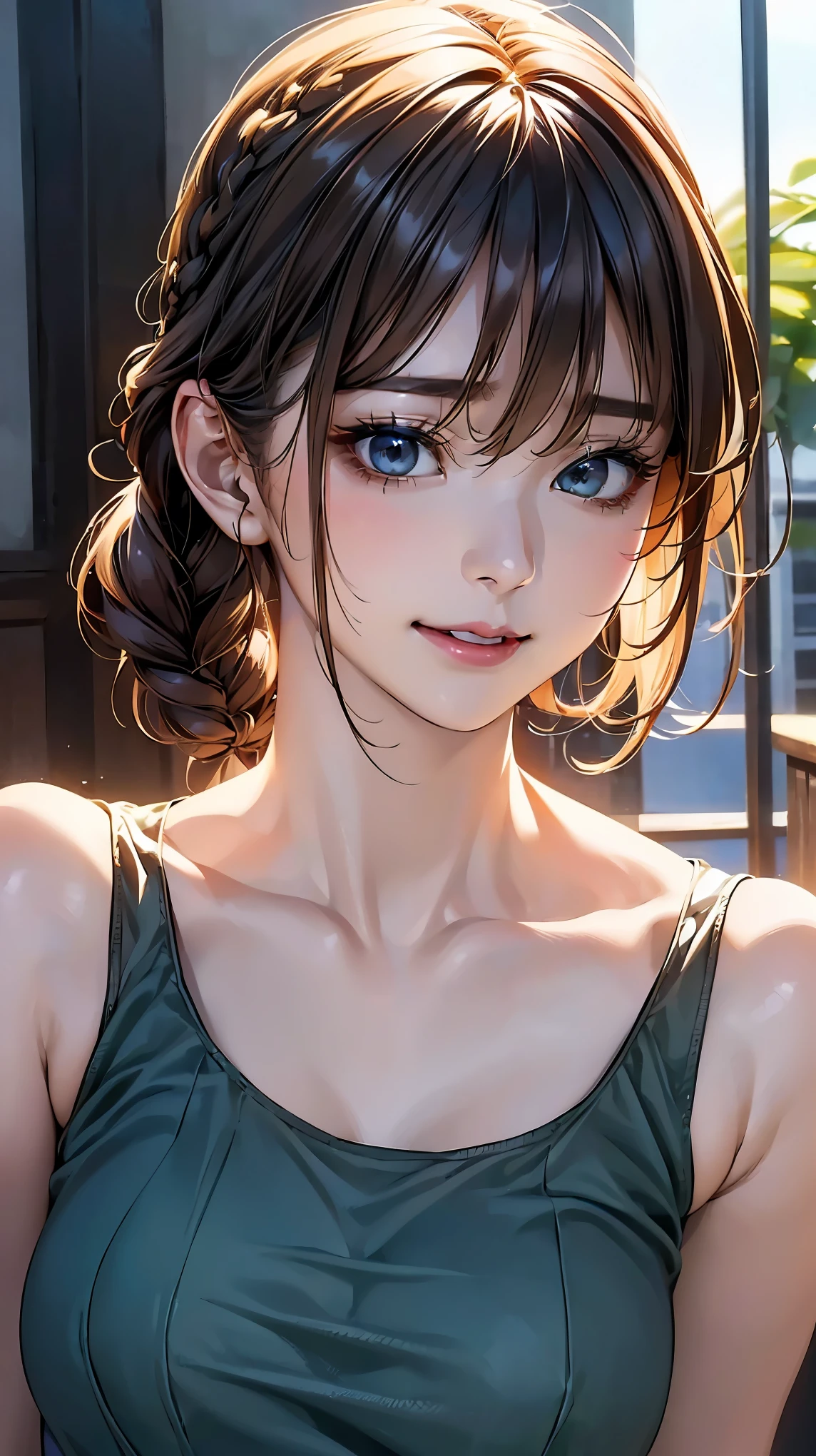 (Browsing Caution:1.2), (8k, RAW Photos, Best image quality, masterpiece: 1.4), (Highly detailed CG Unity 8k wallpaper, highest quality, High resolution: 1.2), (Ultra_Familiar, 超High resolution: 1.2), super highly Familiar, (Realistic, Realistic: 1.48), 1 girl, Focus Only,(Braiding:1.5), Side Lock, bangs, ((Dark green eyes:1.4, Round eyes, Beautiful eyelashes)), Clear Eyes,Large Breasts,Shiny Hair, beautiful Familiar cold face,Captivating smile, Beautiful and delicate eyes with exquisite detail,Extremely accurate details,Skin dents,Outdoor,Perfect Face,Perfect body, Beautiful Eyes, Beautiful Face,(Face Focus),(Portraiture:1.5),Beautiful clavicle,Upward glance,choker,(Office Lounge),Very cute woman,(White tank top shirt:1.2),brown hair,