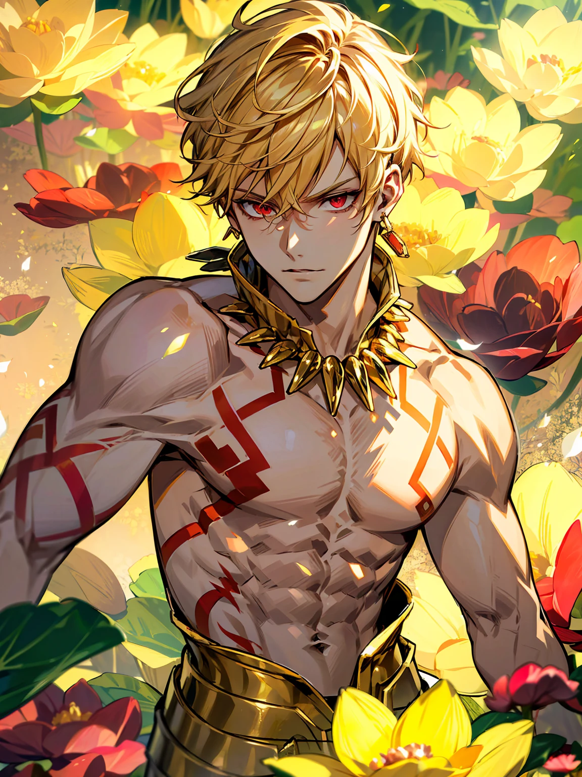 (absurdres, highres, ultra detailed, HDR), masterpiece, best quality, Gilgamesh, 1man, solo, handsome, short hair, blonde hair, vibrant red eyes, finely eye and detailed face, topless, gold armor, red tattoo, golden jewelry, golden earrings, water, pink lotus, petals