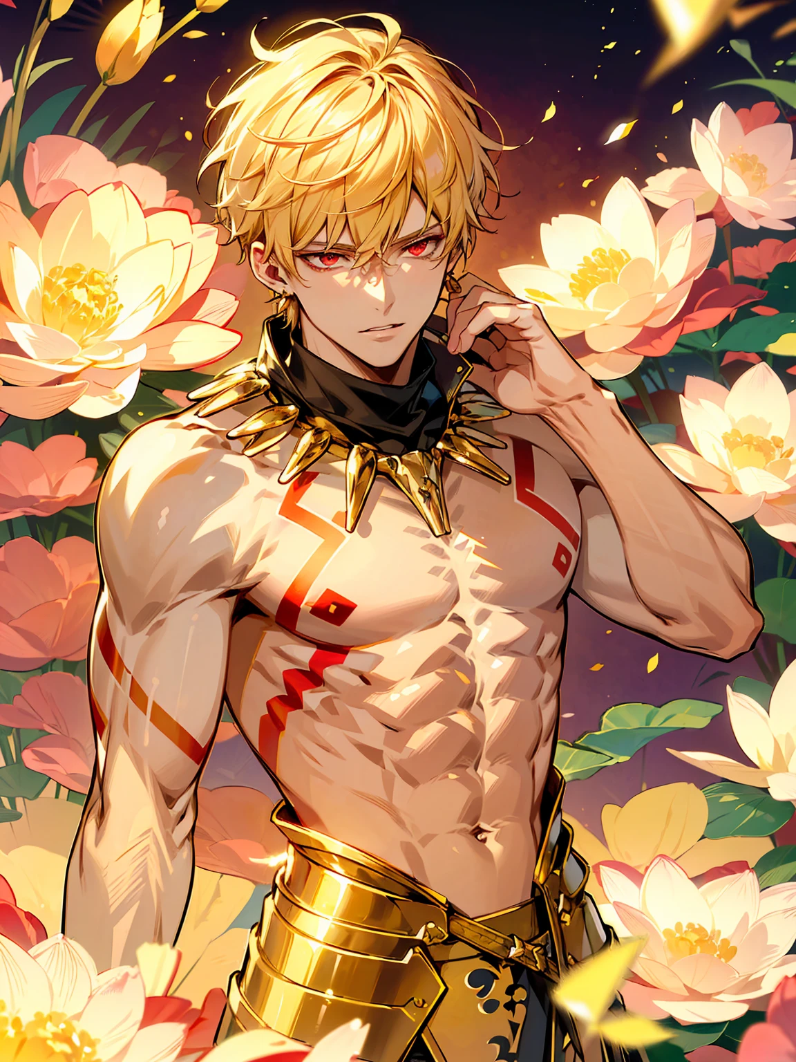 (absurdres, highres, ultra detailed, HDR), masterpiece, best quality, Gilgamesh, 1man, solo, handsome, short hair, blonde hair, vibrant red eyes, finely eye and detailed face, topless, gold armor, red tattoo, golden jewelry, golden earrings, water, pink lotus, petals