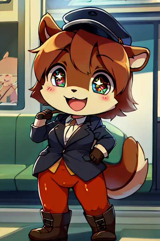 boy, squirrel, furry, bodyfur, blazer, bottomless, color tights, gloves, boots, chibi, happy, sparkling eyes, train, train driver, lol