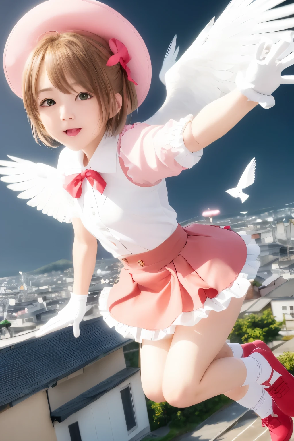 not wearing clothes,skirt,Completely naked,(Photo:1.3), highdetail, Cardcaptor_Sakura, smile,, (masterpiece, best quality, detailed:1.3),Takushiage,Completely naked,big breasts,