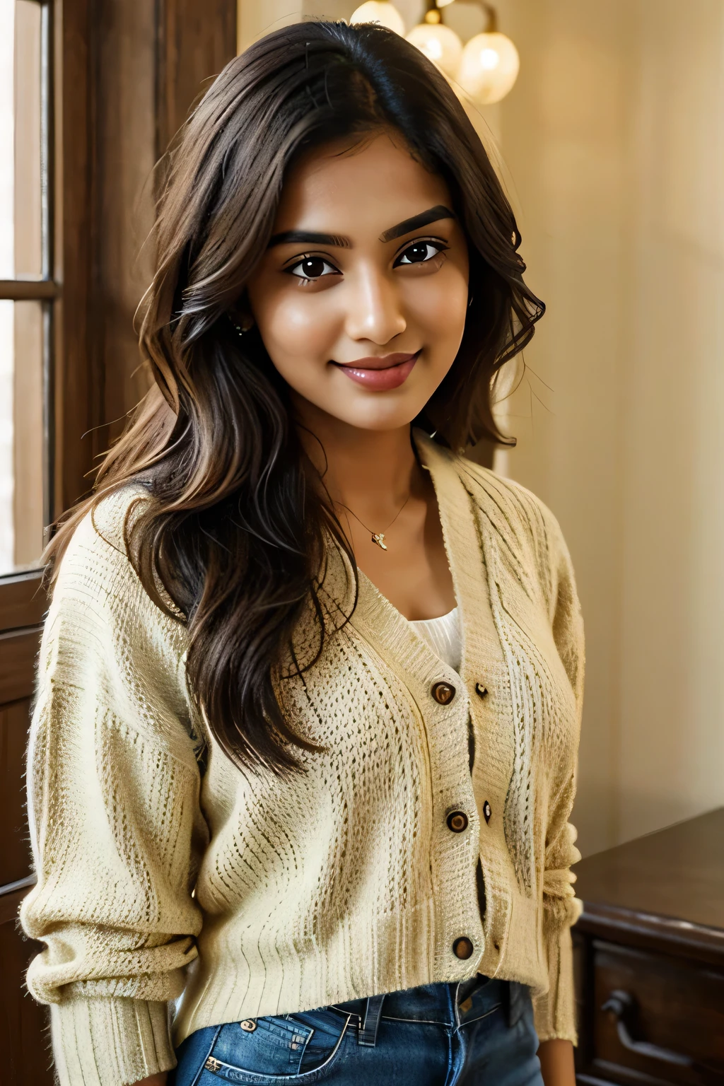 lovely cute young attractive Indian girl, brown eyes, expressing a gentle and captivating smile, 23 years old, an emerging Indian actress and Instagram model, wearing a sweater vest that exudes a scholarly and academia feel, accessorized with modern and trendy pieces to add a touch of casual elegance to the overall look, her brown eyes sparkling with warmth and charm as she engages the viewer, the scene perfectly capturing the essence of a charming and talented actress embracing her unique style, high definition and super realistic, shot in a well-lit, cozy setting, with a focus on every detail from the intricate patterns on her sweater vest to the expressive facial features. white girl fair skin, fair skin tone