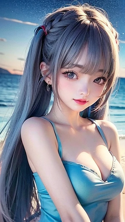 Large breasts、(high quality, masterpiece), One Girl, Twin tails、stop temporarily, particle, Wind, flower, Upper Body, Simple Background, View your audience, , milky way,smile、Turquoise Eyes、（Long silver and light blue hair）、Red eyeshadow、Light pink lipstick、flower柄、Pink Sexy Lolita、Braid、Cute earrings、Wind、Crescent Moon、Dynamic pose、Looking up at the sky、Thick thighs、Big Ass