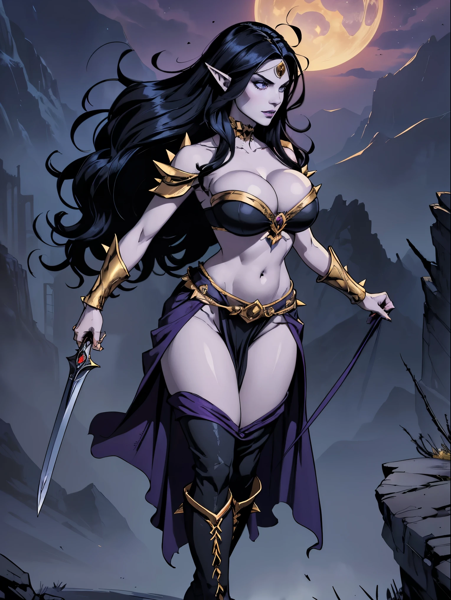 (masterpiece, top quality, best quality, official art, beautiful and aesthetic:1.2), (1girl:1.3), ((Sharp facial features, sharp features, hawkish features)), ((big hair, long elf ears, long black hair)), (((pale purple skin, pale blue skin, blue skin, purple skin))), big tiddy dark elf girl, extremely detailed, portrait, looking at viewer, solo, (full body:0.6), detailed background, full-body shot, (cold night mountain theme:1.1), dark elf war dancer, (spiky winged headdress), charlatan, smirk, mysterious, swaying in mountains, skimpy attire, revealing gladiatrix costume, ebony metal, gold filigree, gold bikini, circlet, metal bikini, long boots, dual knives, blood red fabric, pelvic curtain, loincloth, black leather, ((((big hair, gigantic breasts, cleavage, skindentation, long legs, pelvic curtain)))), cute belly button, toned tummy, slim waist, slim hips, long legs, medieval (mountain exterior:1.1) background, dark mysterious lighting, shadows, magical atmosphere, dutch angle