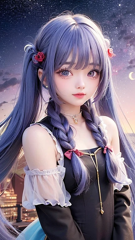 (highest quality, masterpiece), One Girl, Twin tails、stop temporarily, particle, Wind, flower, Upper Body, Simple Background, View your audience, , milky way,smile、Turquoise Eyes、（Silver long hair）、Red eyeshadow、flower柄、See-through、Purple Bodysuit King、Braid、Twin tails、Wind、Crescent Moon