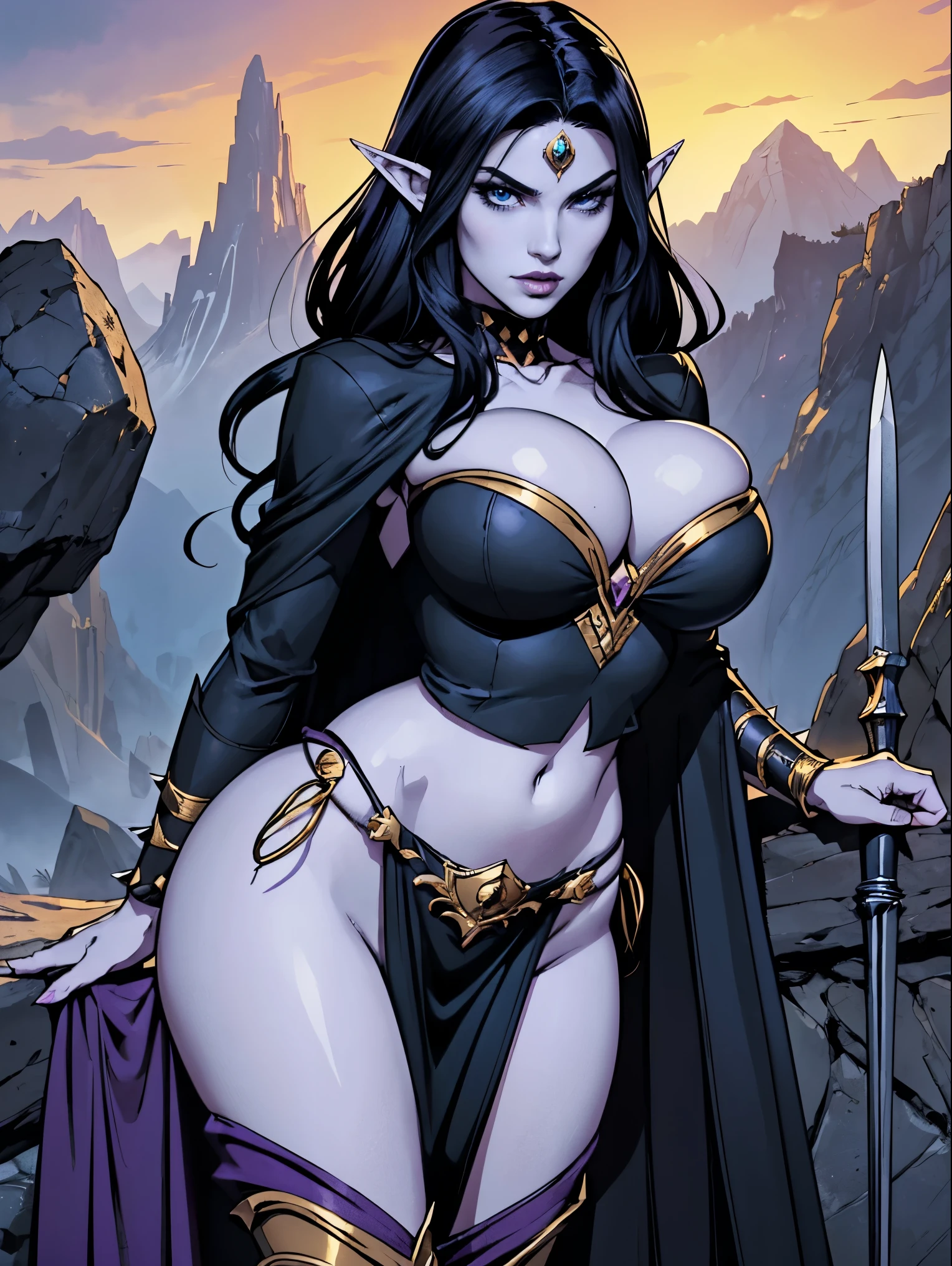 (masterpiece, top quality, best quality, official art, beautiful and aesthetic:1.2), (1girl:1.3), ((Sharp facial features, sharp features, hawkish features)), ((big hair, long elf ears, long black hair)), (((pale purple skin, pale blue skin, blue skin, purple skin))), big tiddy dark elf girl, extremely detailed, portrait, looking at viewer, solo, (full body:0.6), detailed background, full-body shot, (cold night mountain theme:1.1), dark elf war dancer, (spiky winged headdress), charlatan, smirk, mysterious, swaying in mountains, skimpy attire, revealing gladiatrix costume, ebony metal, gold filigree, gold bikini, circlet, metal bikini, long boots, dual knives, blood red fabric, pelvic curtain, loincloth, black leather, ((((big hair, gigantic breasts, cleavage, skindentation, long legs, pelvic curtain)))), cute belly button, toned tummy, slim waist, slim hips, long legs, medieval (mountain exterior:1.1) background, dark mysterious lighting, shadows, magical atmosphere, dutch angle