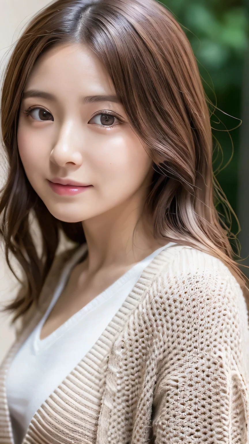8k, highest quality, masterpiece, Realistic, Photorealistic, Ultra-detailed, Natural light, Highly detailed face and skin, Detailed eyes, Highly detailed face and skinの中間ショット, Beautiful woman looking back at camera, Beautiful Face, Realistic Face, Detailed face, Beautiful hairstyle, Realistic eyes, Fine grain, Realistic Skin, Detailed skin, Beautiful Skin, Charm, Ultra-realistic, (((Crouching,Sexy iridescent cardigan, kind, Brown Hair, Cute Japanese Girl, whole body,Dimples,)))