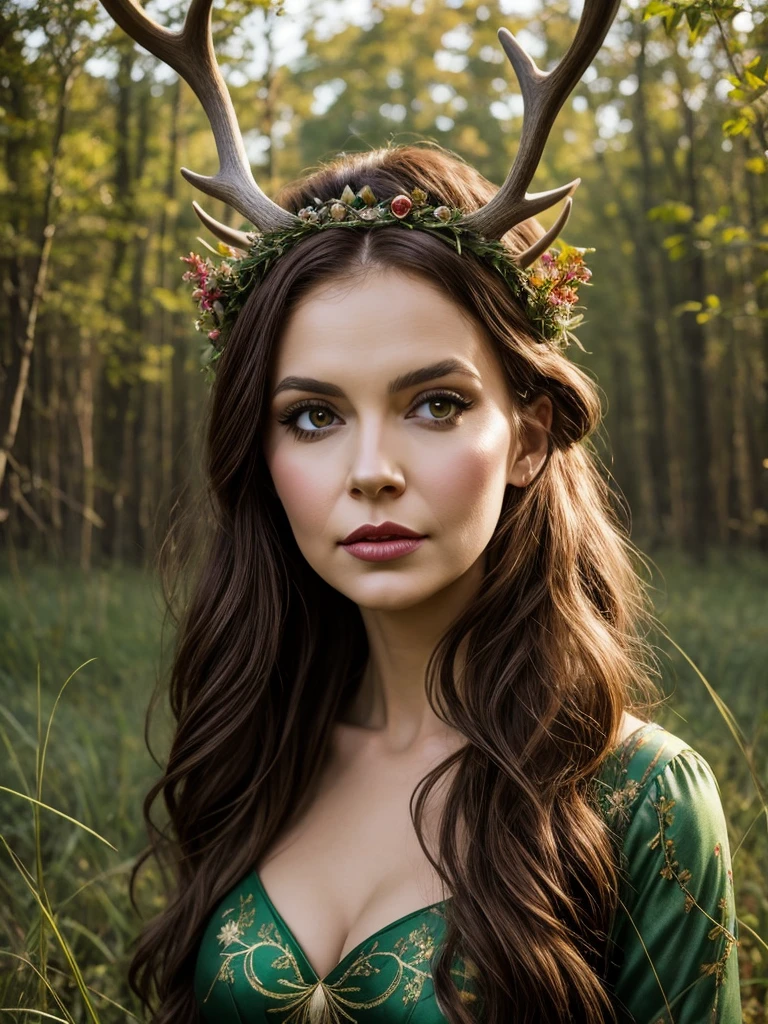 arafed woman with deer antlers in a field of tall grass, young woman with antlers, antlers on her head, wearing a crown made of antlers, deer ears, queen of the forest, with horns, fey queen of the summer forest, short antlers, fauns, forest fae, fantasy photoshoot, inspired by Grete Stern, antlers, forest fairy