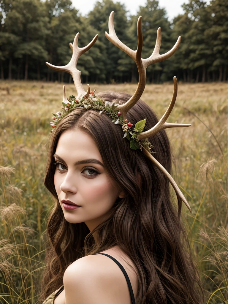 arafed woman with deer antlers in a field of tall grass, young woman with antlers, antlers on her head, wearing a crown made of antlers, deer ears, queen of the forest, with horns, fey queen of the summer forest, short antlers, fauns, forest fae, fantasy photoshoot, inspired by Grete Stern, antlers, forest fairy