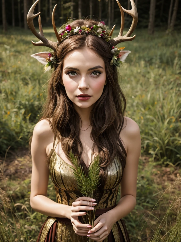 arafed woman with deer antlers in a field of tall grass, young woman with antlers, antlers on her head, wearing a crown made of antlers, deer ears, queen of the forest, with horns, fey queen of the summer forest, short antlers, fauns, forest fae, fantasy photoshoot, inspired by Grete Stern, antlers, forest fairy