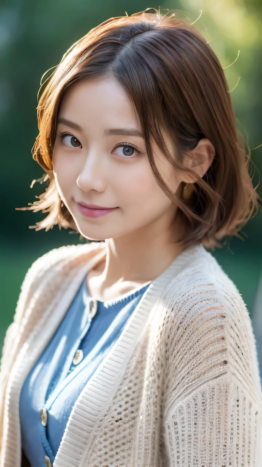 8k, highest quality, masterpiece, Realistic, Photorealistic, Ultra-detailed, Natural light, Highly detailed face and skin, Detailed eyes, Highly detailed face and skinの中間ショット, Beautiful woman looking back at camera, Beautiful Face, Realistic Face, Detailed face, Beautiful hairstyle, Realistic eyes, Fine grain, Realistic Skin, Detailed skin, Beautiful Skin, Charm, Ultra-realistic, (((Crouching,Sexy iridescent cardigan, kind, Brown Hair, Cute Japanese Girl, whole body,Dimples,)))