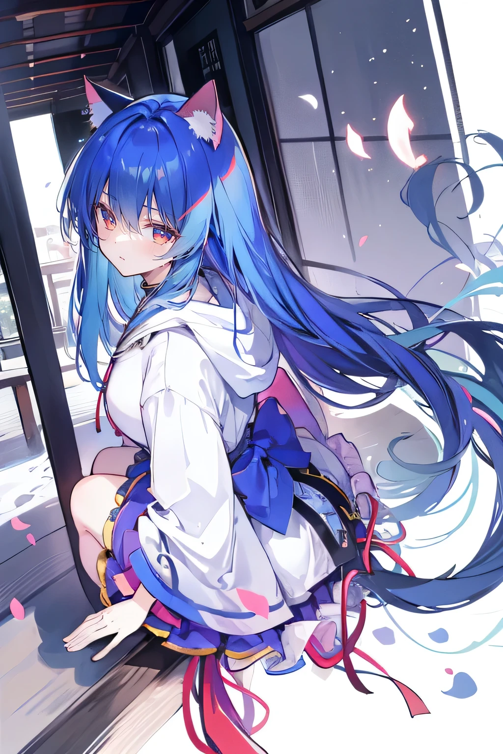 （masterpiece：1.2），Super detailed，lifelike，Expressive eyes，fair skin，perfect face shape，1 girl，
Japanese comics,Gorgeous blue hair,flowing blue hair,flowing clothes,Cat ears,Petals fall,beautiful lola,Baby Angel,
Cross your legs，Gentle and peaceful background，The pavilion is cool and comfortable,smile, wearing hoodie, background of tokyo,back views,snowing, winter.