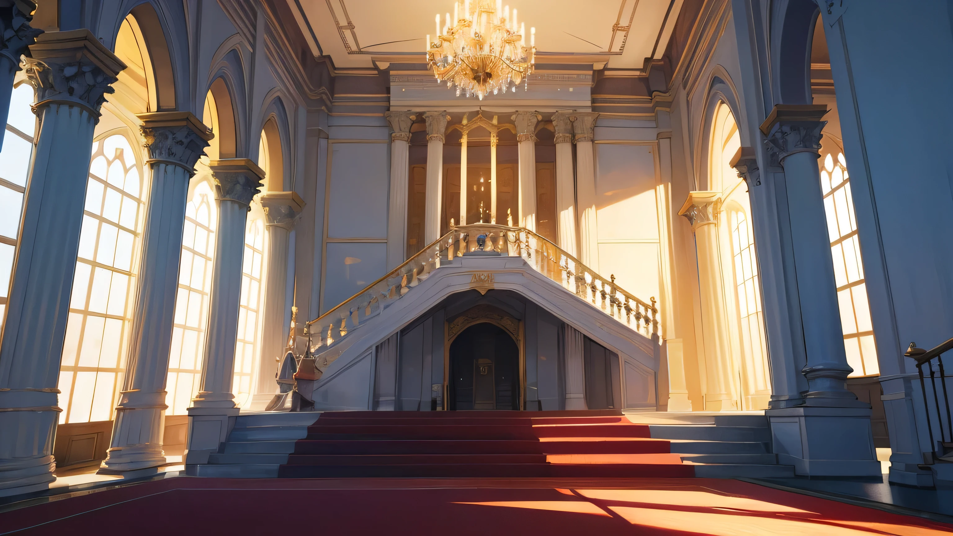 anime castle main hall with a red carpet leading to two staircases, no people