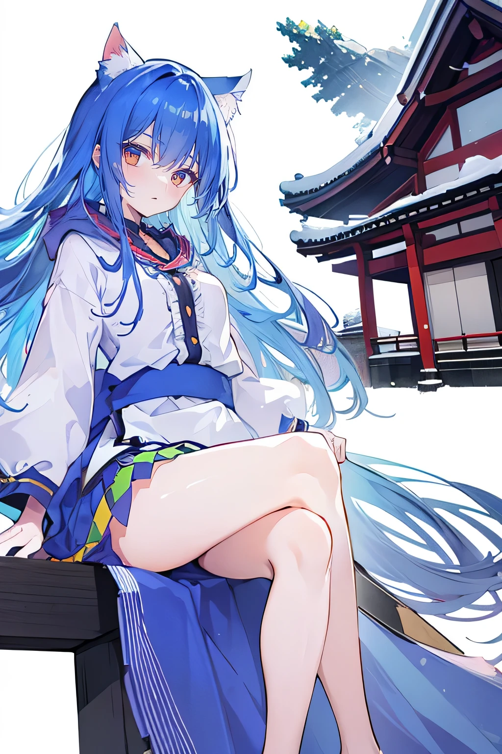 （masterpiece：1.2），Super detailed，lifelike，Expressive eyes，fair skin，perfect face shape，1 girl，
Japanese comics,Gorgeous blue hair,flowing blue hair,flowing clothes,Cat ears,Petals fall,beautiful lola,Baby Angel,
Cross your legs，Gentle and peaceful background，The pavilion is cool and comfortable,smile, wearing hoodie, background of tokyo,back views,snowing, winter.