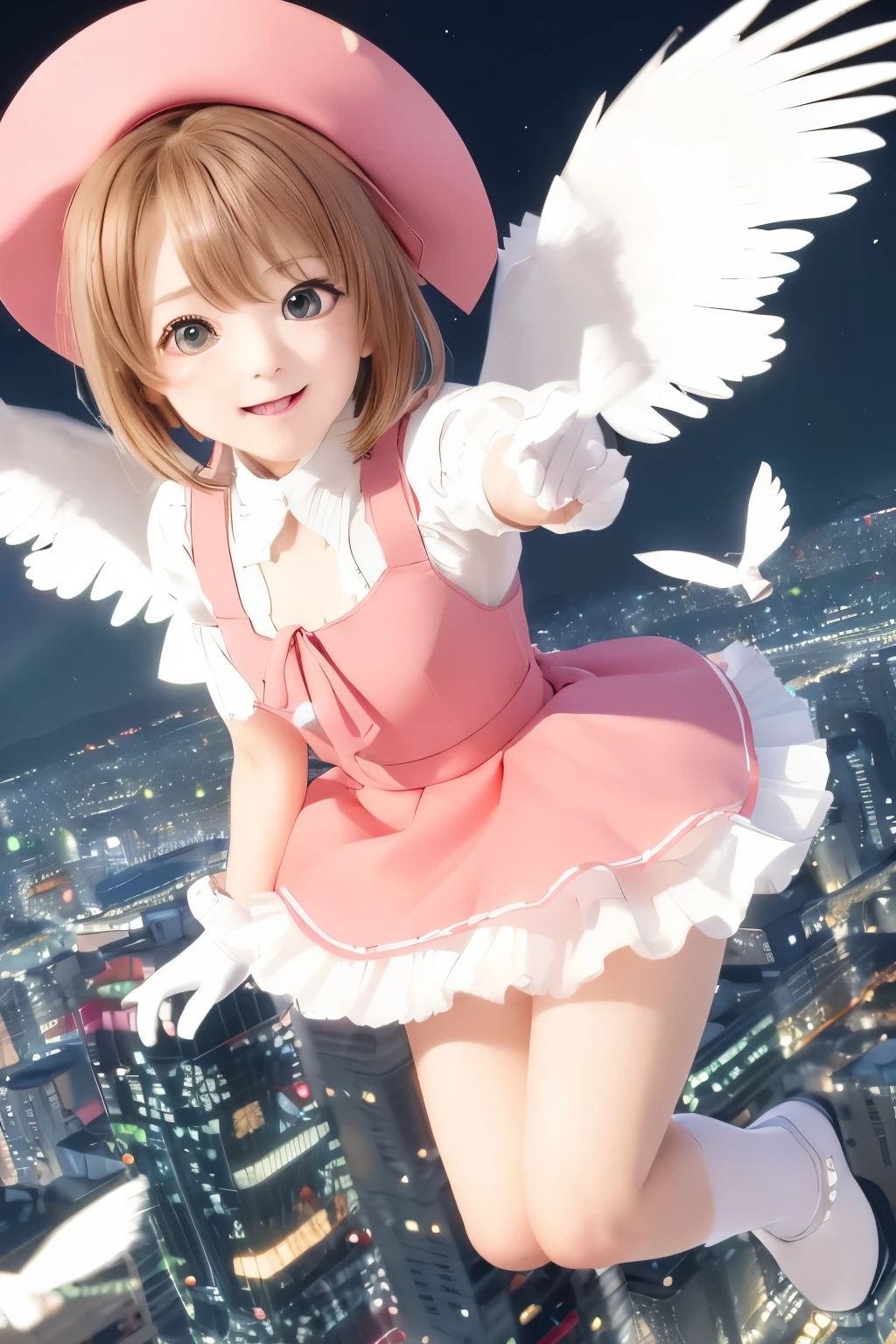 highest quality, 8k, Ultra-detailed, Photorealistic, Masseter muscle area, highest quality, 超A high resolution, highest quality, Anime Style, Best lighting, Beautiful Face, kinomoto sakura, One Girl, Light brown hair, short hair, Antenna Hair, Pink hat, Green Eyes, Frills, Pink Dress, Puff short sleeves, White gloves, Red Bow, White knee-highs, Kero-chan, There are small white feathers on the back, (Flying over the city:1.5), Japanese, 14 years、(Skirt lift up:1.35)、nsfw