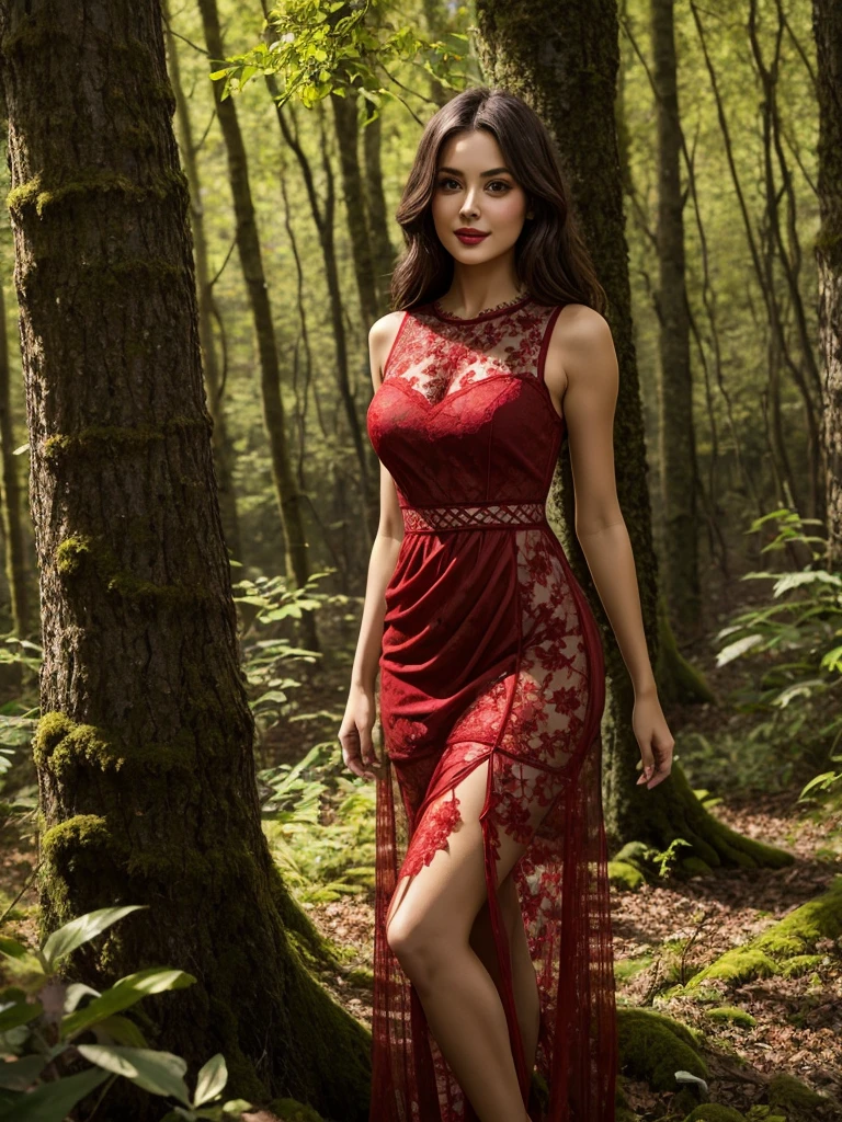 here is a woman in a red lace dress posing for a picture,intrigante transparent lacedress,in the forest, red waist-long hair, in woods, in a tree, crimson peek, in the woods, , in nature,