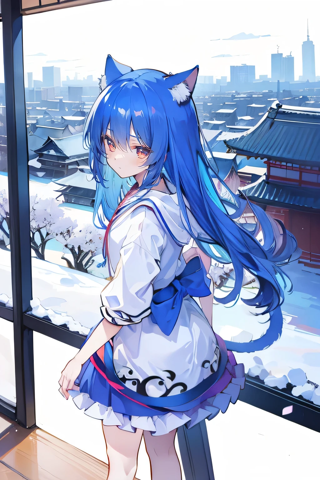 (masterpiece:1.2),Super detailed,lifelike,Expressive eyes,fair skin,perfect face shape,1 girl,
Japanese comics,Gorgeous blue hair,flowing blue hair,flowing clothes,Cat ears,Petals fall,beautiful lola,Baby Angel,
Cross your legs,Gentle and peaceful background,The pavilion is cool and comfortable,smile, wearing hoodie, background of tokyo,back views,snowing, winter.