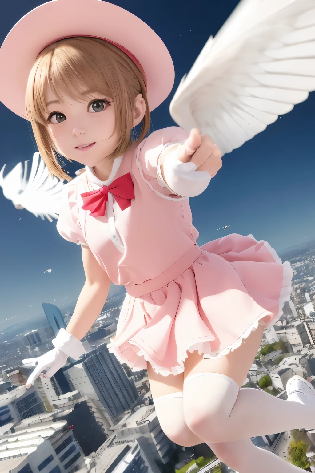 highest quality, 8k, Ultra-detailed, Photorealistic, Masseter muscle area, highest quality, 超A high resolution, highest quality, Anime Style, Best lighting, Beautiful Face, kinomoto sakura, One Girl, Light brown hair, short hair, Antenna Hair, Pink hat, Green Eyes, Frills, Pink Dress, Puff short sleeves, White gloves, Red Bow, White knee-highs, Kero-chan, There are small white feathers on the back, (Flying over the city:1.5), Japanese, 、(Skirt lift up:1.35)、nsfw