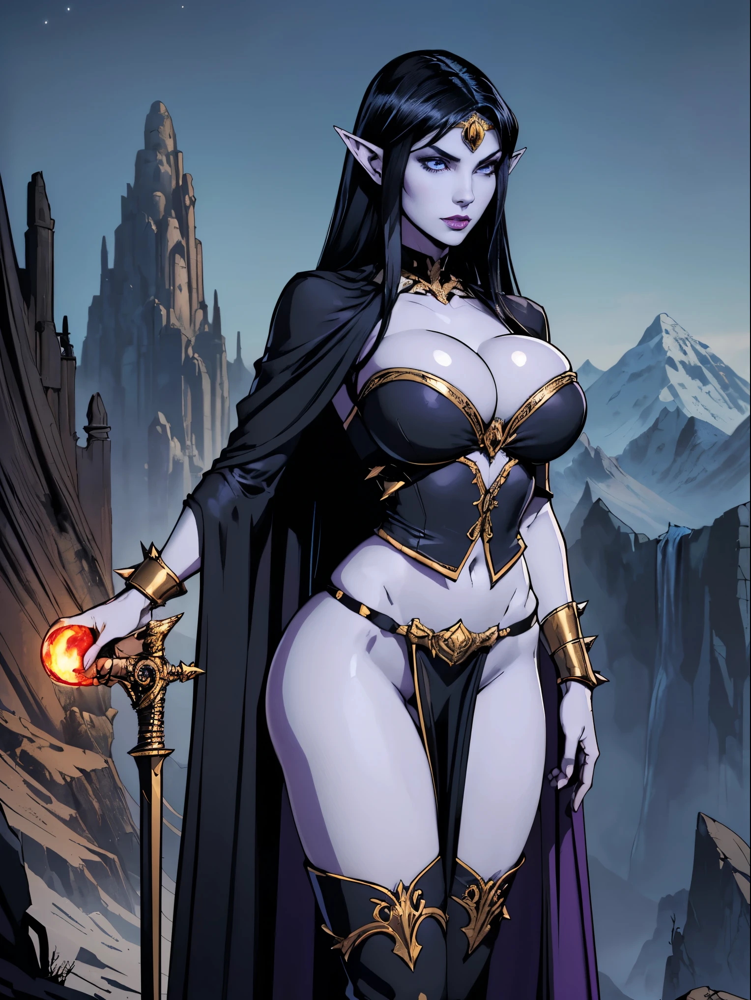 (masterpiece, top quality, best quality, official art, beautiful and aesthetic:1.2), (1girl:1.3), ((Sharp facial features, sharp features, hawkish features)), ((big hair, long elf ears, long black hair)), (((pale purple skin, pale blue skin, blue skin, purple skin))), big tiddy dark elf girl, extremely detailed, portrait, looking at viewer, solo, (full body:0.6), detailed background, full-body shot, (cold night mountain theme:1.1), dark elf war dancer, (spiky winged headdress), charlatan, smirk, mysterious, swaying in mountains, skimpy attire, revealing gladiatrix costume, ebony metal, gold filigree, gold bikini, circlet, metal bikini, long boots, dual knives, blood red fabric, pelvic curtain, loincloth, black leather, ((((extremely long hair, gigantic breasts, cleavage, skindentation, long legs, pelvic curtain)))), cute belly button, toned tummy, slim waist, slim hips, long legs, medieval (mountain exterior:1.1) background, dark mysterious lighting, shadows, magical atmosphere, dutch angle