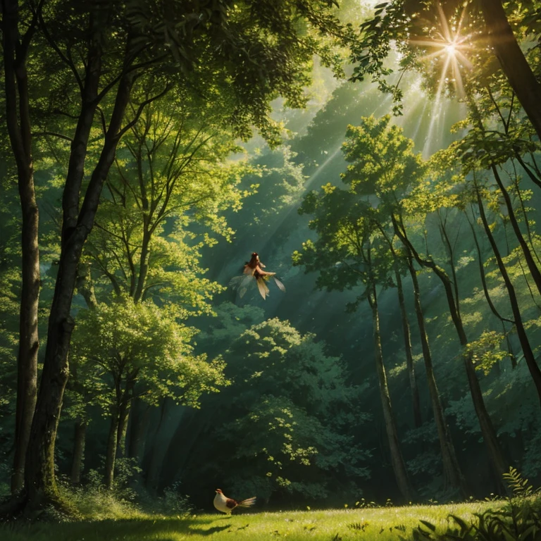 Picture 1:

 Setting: A lush green forest bathed in the warm glow of the morning sun.

 Character: Pip, a small sparrow with bright chestnut feathers and a cheerful demeanor, 
 Action: pip’s flying between trees 
 Mood: The scene exudes an atmosphere of tranquility and contentment, perfectly capturing Pip's carefree and joyful spirit.
