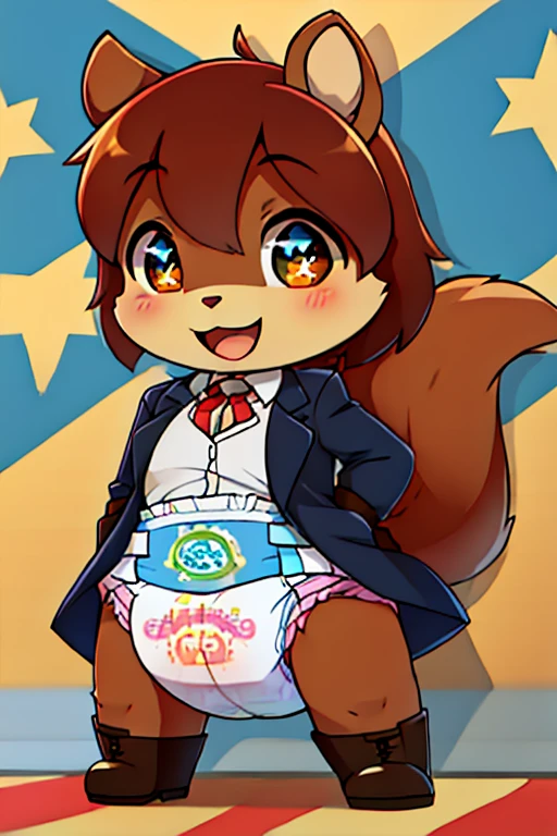 boy, squirrel, furry, bodyfur, blazer, bottomless, gloves, boots, chibi, happy, sparkling eyes, train, diaper