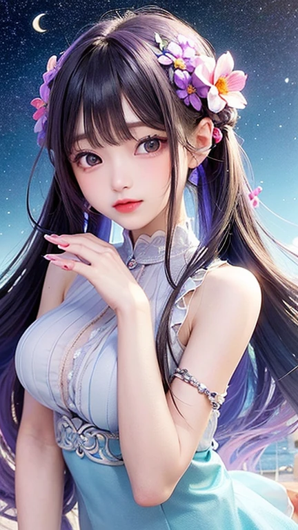 (highest quality, masterpiece), One Girl, Twin tails、stop temporarily, particle, Wind, flower, Upper Body, Simple Background, View your audience, , milky way,smile、Turquoise Eyes、（Silver long hair）、Red eyeshadow、flower柄、See-through、Purple Bodysuit King、Braid、Wind、Crescent Moon