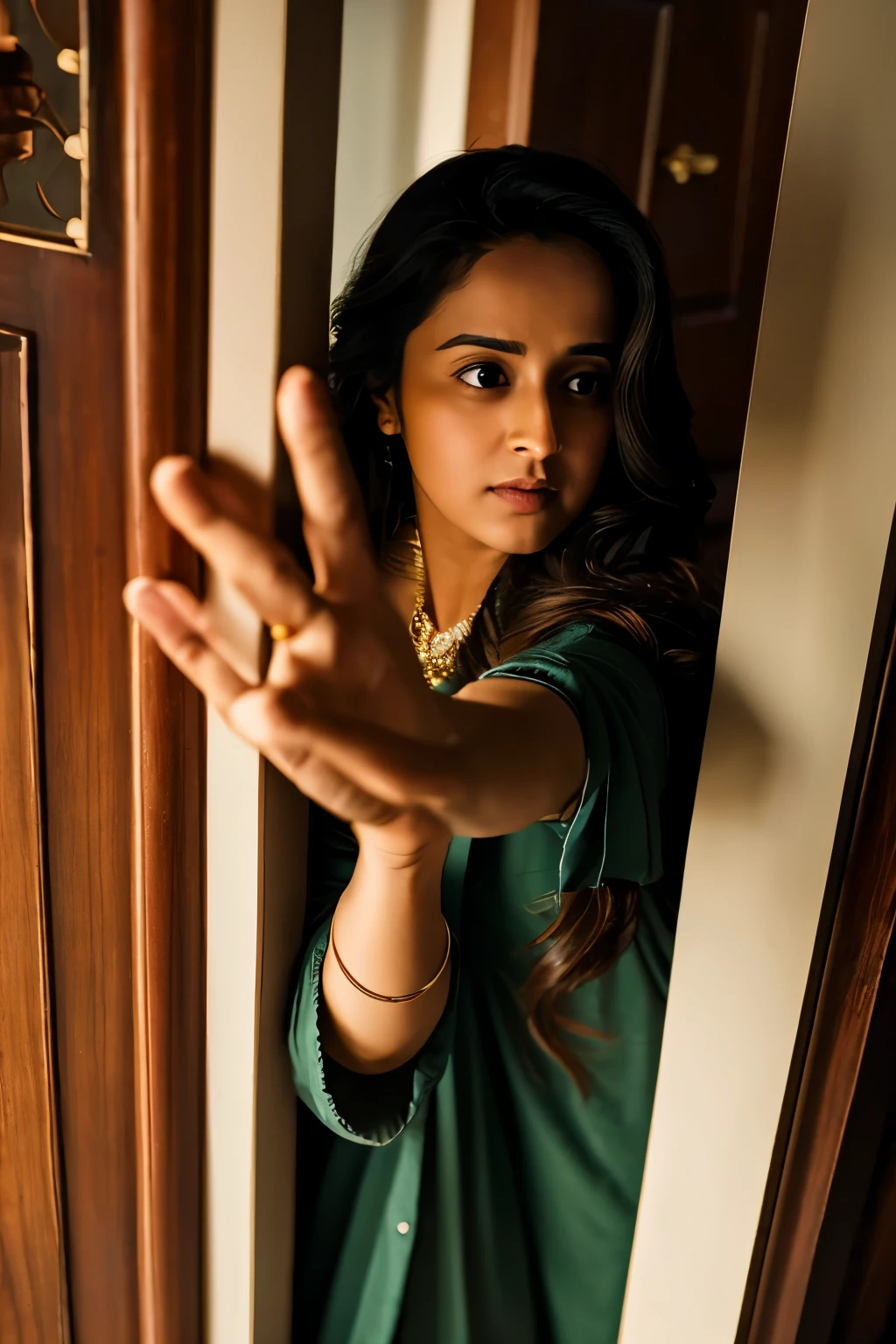 In the doorway stands Simran, her hand hesitantly reaching for the doorknob, her expression a mixture of fear and curiosity.