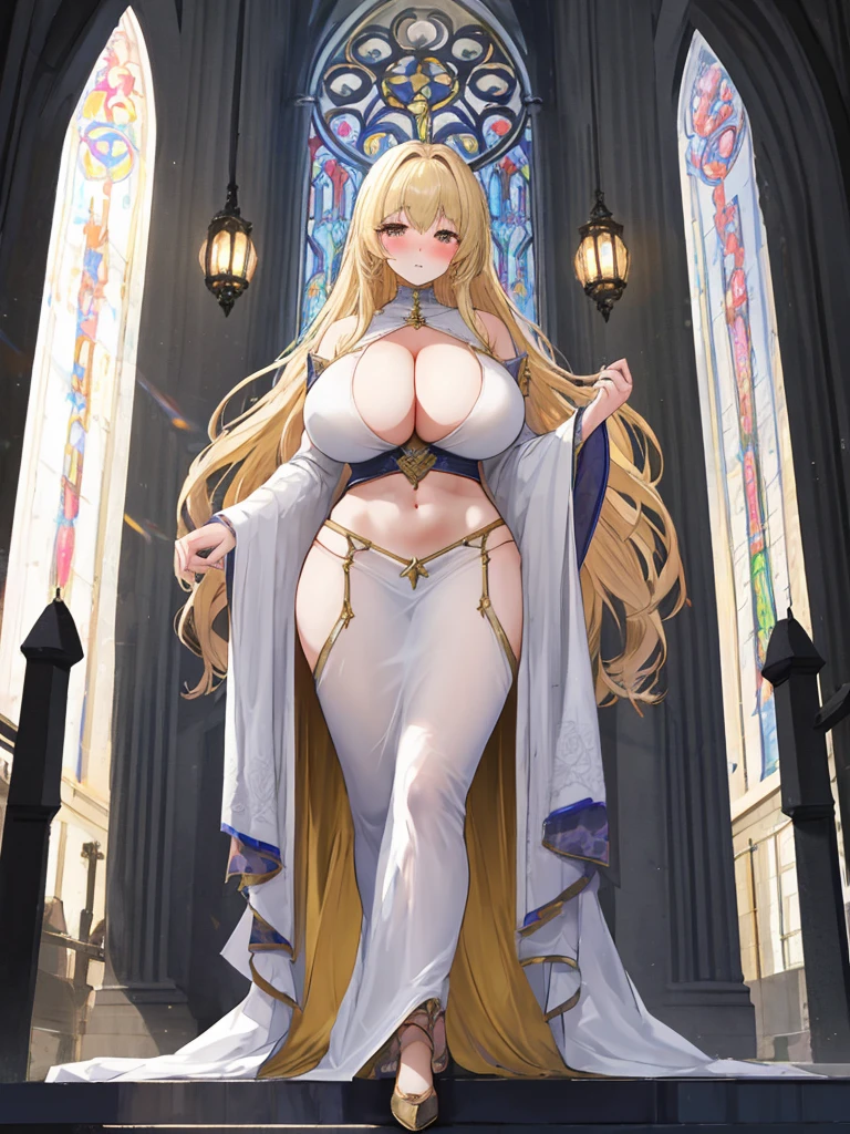 A woman with big ,Beautiful,A devout believer,Long blond hair,Exquisite,((transparent)),Cleavage,Slim waist,Showing belly,pubic,blush,cathedral
