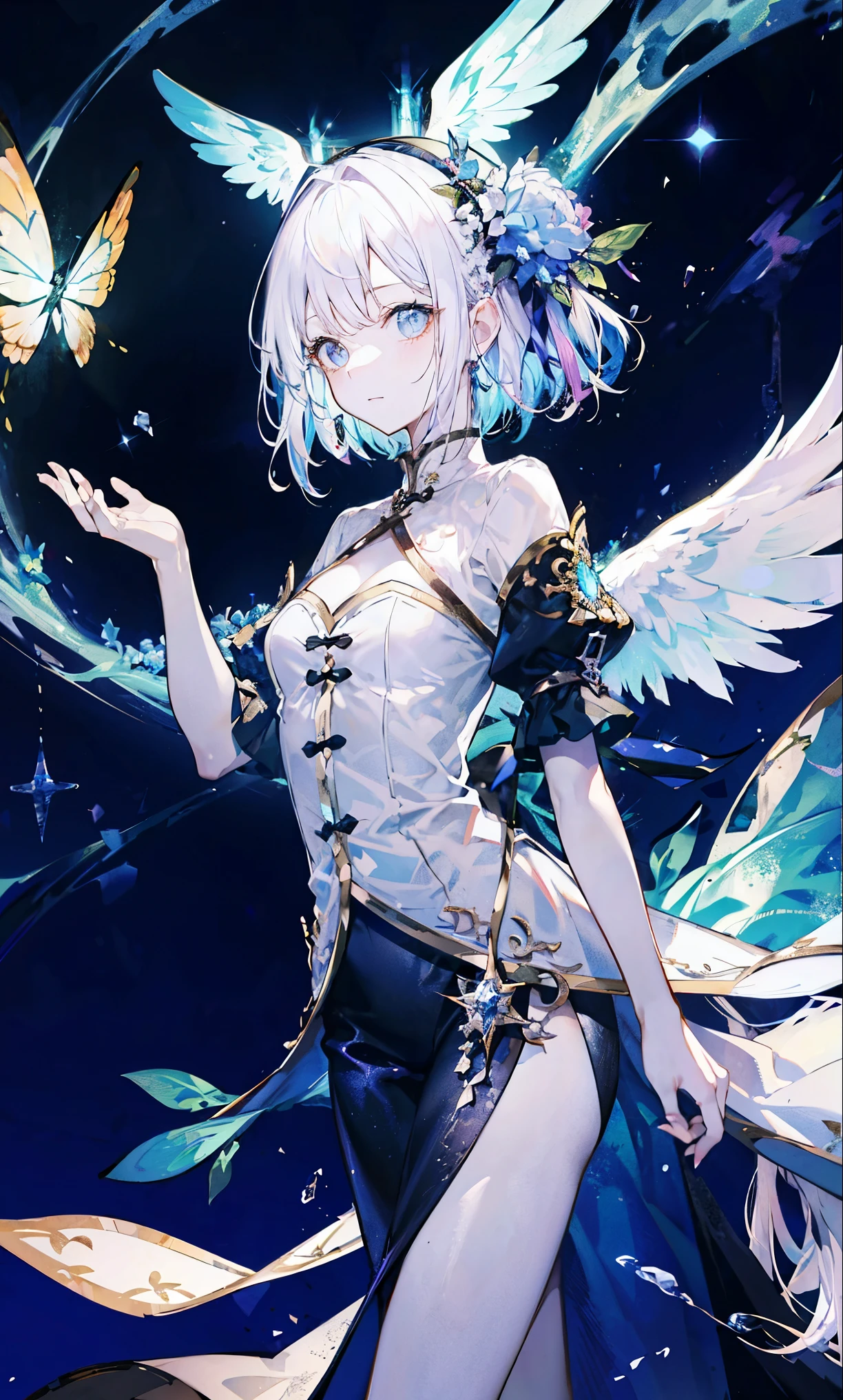 The angel is depicted with a pale and glowing cot has heterochromatic eyes.、Its skin seems to radiate an otherworldly glow。he、Symbol of divinity、Decorated with a pair of shining Fair wings。This scene is so wonderful.、它捕捉了這些天體的美麗和mystery。Angelic、pale、glow、color、shine、A rare treasure、Brilliance、shine、Fair、wingspan、sanctity、Fair、charming、beauty、mystery。