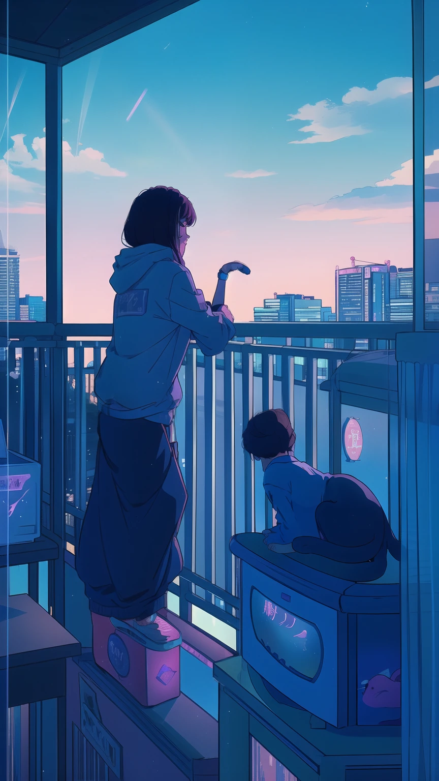 (Ultra-detailed)),Best Quality,8K,High resolution(Skyscraper:1.5),Back view,silhouette,Octane,(静かなnight空),night,night空,Starry sky in the countryside,Blue and pink retro style,Neon Signs,((Woman playing with cat on the balcony 1:1.5)),lots of things,Long brown hair,Neon lights flicker,Wearing a baggy hoodie,Anime aesthetics,90s nostalgia and comfort,Lo-Fi,Lo-Fi女子,Lo-Fiの象徴,Anime Style,Expressed with a distinctive delicate and poetic touch,Surreal