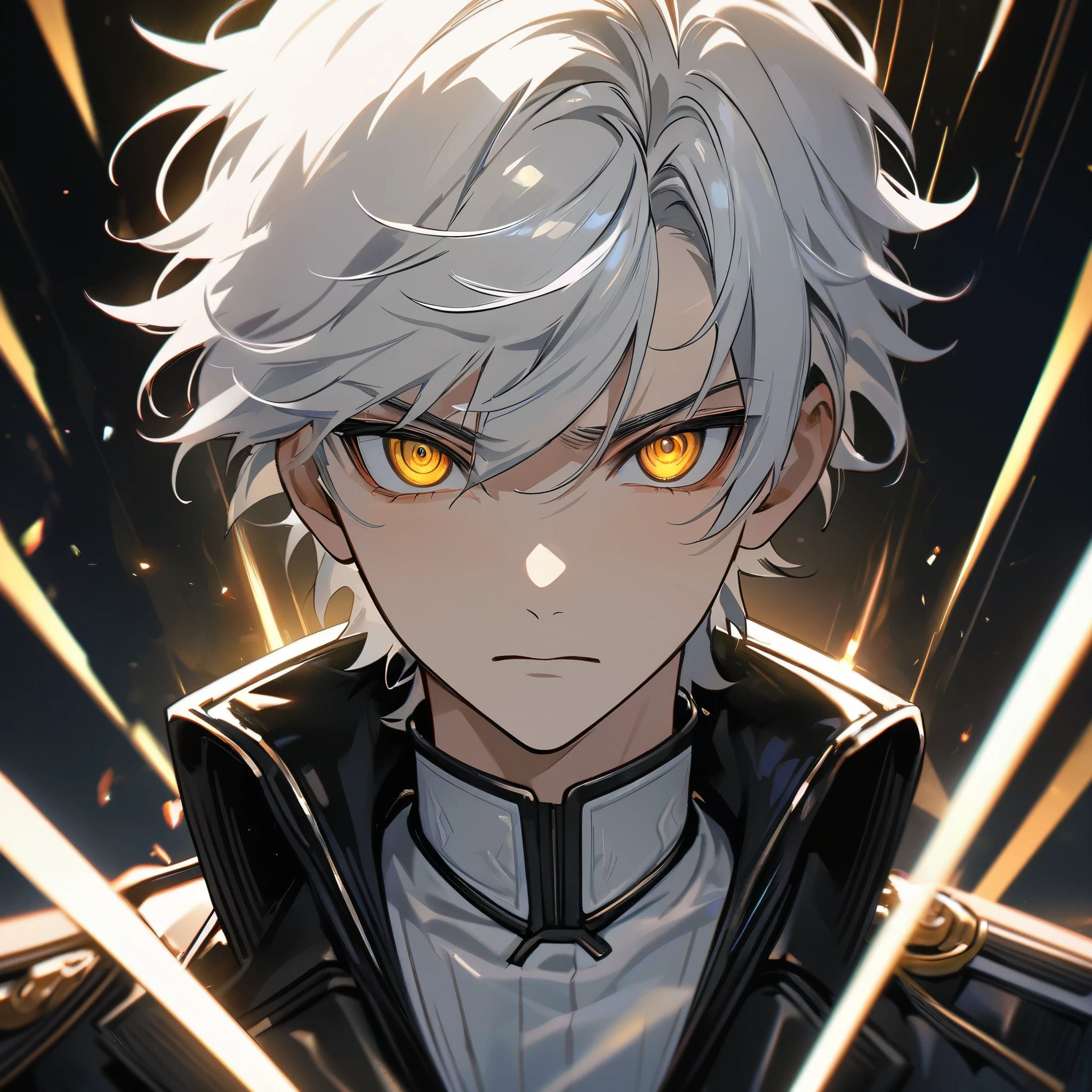 High quality, HD, 4k, handsome male, 1male, 17 years old, teenager, golden lining, short white hair, sharp eyes, gold eyes, devil may cry, close up, calm expression, stoic expression, black leather clothes, white leather clothing, upper body, looking at viewer, cowboy shot, white solar, shining background