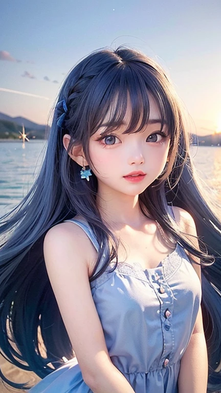 Large breasts、(high quality, masterpiece), One Girl, Twin tails、stop temporarily, particle, Wind, flower, Upper Body, Simple Background, View your audience, , milky way,smile、Turquoise Eyes、（Long silver and light blue hair）、Red eyeshadow、Light pink lipstick、flower柄、Pink Sexy Lolita、Braid、Cute earrings、Wind、Crescent Moon、Dynamic pose、Looking up at the sky、Thick thighs、Big Ass