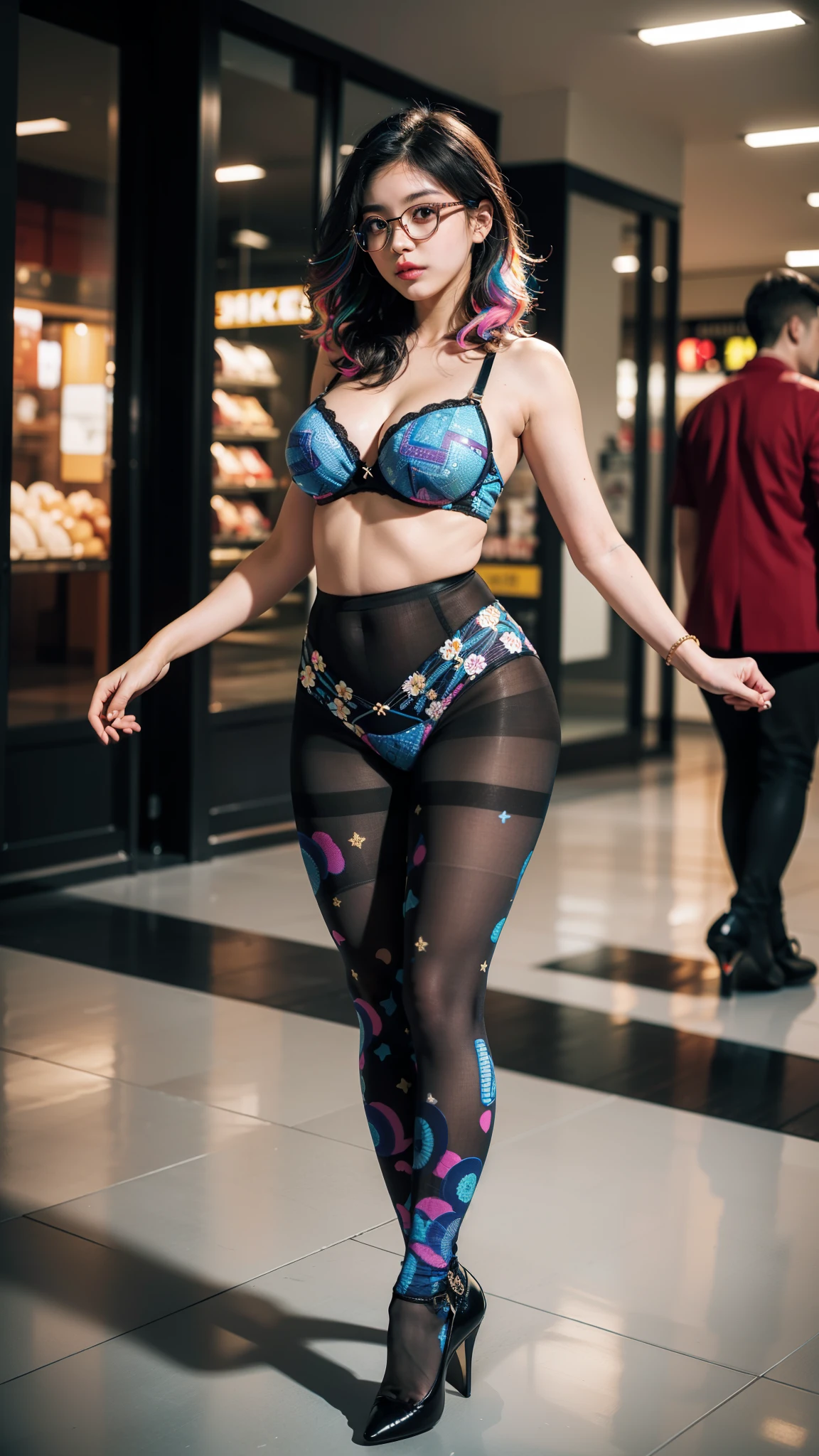(full body:1.5),(((only one girl)):1.4),(view the viewer:1.4),((anatomy correct):1.45),(((dancing in the night club, Perfectly integrated background))):1.3),(she wears large glasses and Holding bra & pantie in her hand:1.2),(shy:1.15),((stocking set):1.2),(((((((patterns)))))) ,((thick pantyhose)):1.3),(high heels leather shoes:1.1),((Long legs and large chest):1.3),((((colorful))):1.4),(Accurate and perfect face:1.3),((black short hair):1.2),hyper HD, Ray traching, reflective light, structurally correct, Award-Awarded, high detail, lighten shade contrast, Face lighting ,cinematic lighting, masterpiece, super detailing, high quality, high detail, best quality, 16k,High contrast,