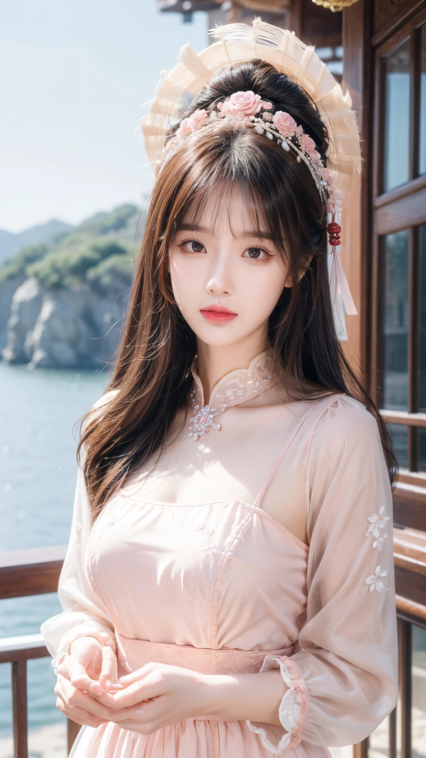 <lora:milktea.eun:1>, a fashion portrait of a beautiful female model wearing haute couture of Neutral Gray, photo by robert capa, professional medium format film, sharp focus, spring, noon, river, (upper body:1.4)