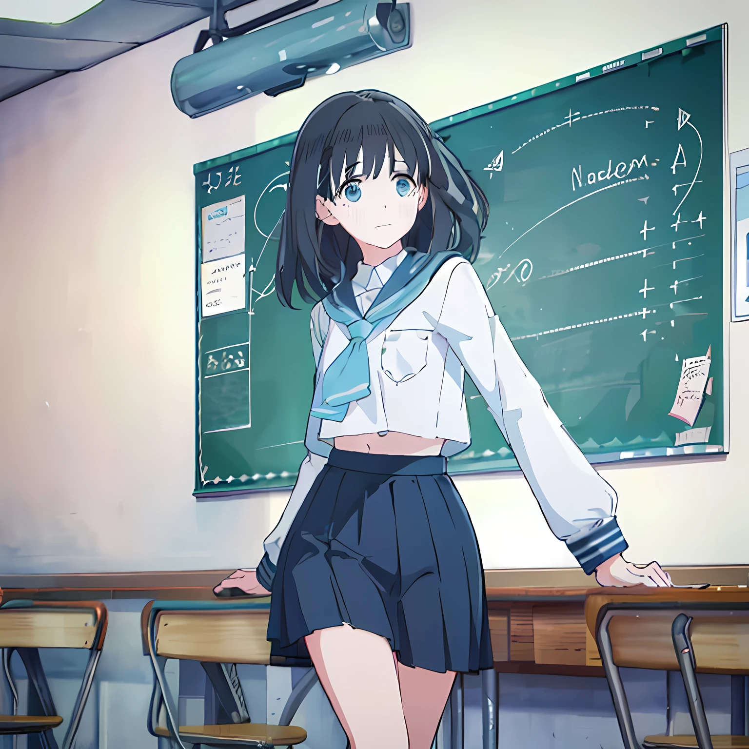 highest quality, (masterpiece:1.2), Very detailed, One neat, cute and shy girl, (((Black medium bob hair))), ((Light blue student sailor uniform)), ((Light blue pleated skirt)), (((The background is a school classroom))), ((Pretty black eyes))