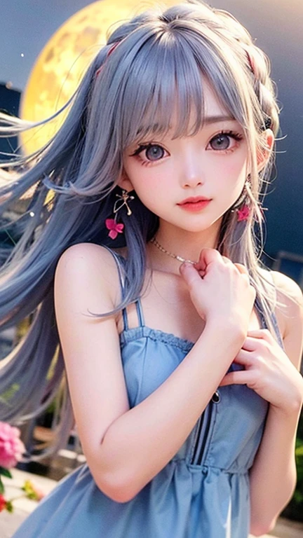 Small breasts、(high quality, masterpiece), One Girl, 、stop temporarily, particle, Wind, flower, Upper Body, Simple Background, View your audience, , milky way,smile、Turquoise Eyes、（Long silver and light blue hair）、Red eyeshadow、Light pink lipstick、flower柄、Pink Sexy Lolita、Braid、Cute earrings、Wind、Crescent Moon、Dynamic pose、Looking up at the sky、Thick thighs、Big Ass