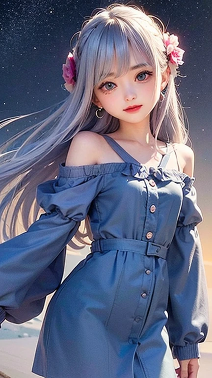 Small breasts、(high quality, masterpiece), One Girl, 、stop temporarily, particle, Wind, flower, Upper Body, Simple Background, View your audience, , milky way,smile、Turquoise Eyes、（Long silver and light blue hair）、Red eyeshadow、Light pink lipstick、flower柄、Pink Sexy Lolita、Braid、Cute earrings、Wind、Crescent Moon、Dynamic pose、Looking up at the sky、Thick thighs、Big Ass
