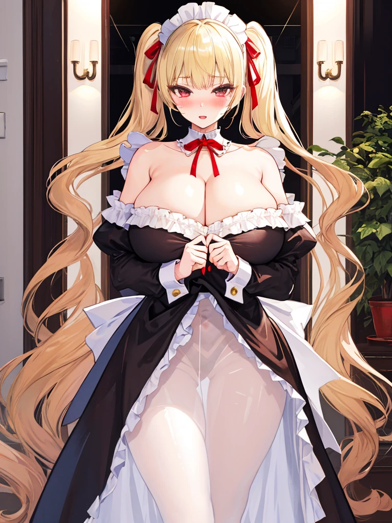A woman with big ,Gorgeous woman,Mature,ahegao,Long blond hair,twintails,Exquisite,(((transparent))),Red ribbon,Off-shoulder,Cleavage,Leakage,Slim waist,pubic,blush,ta,Maid coffee shop,