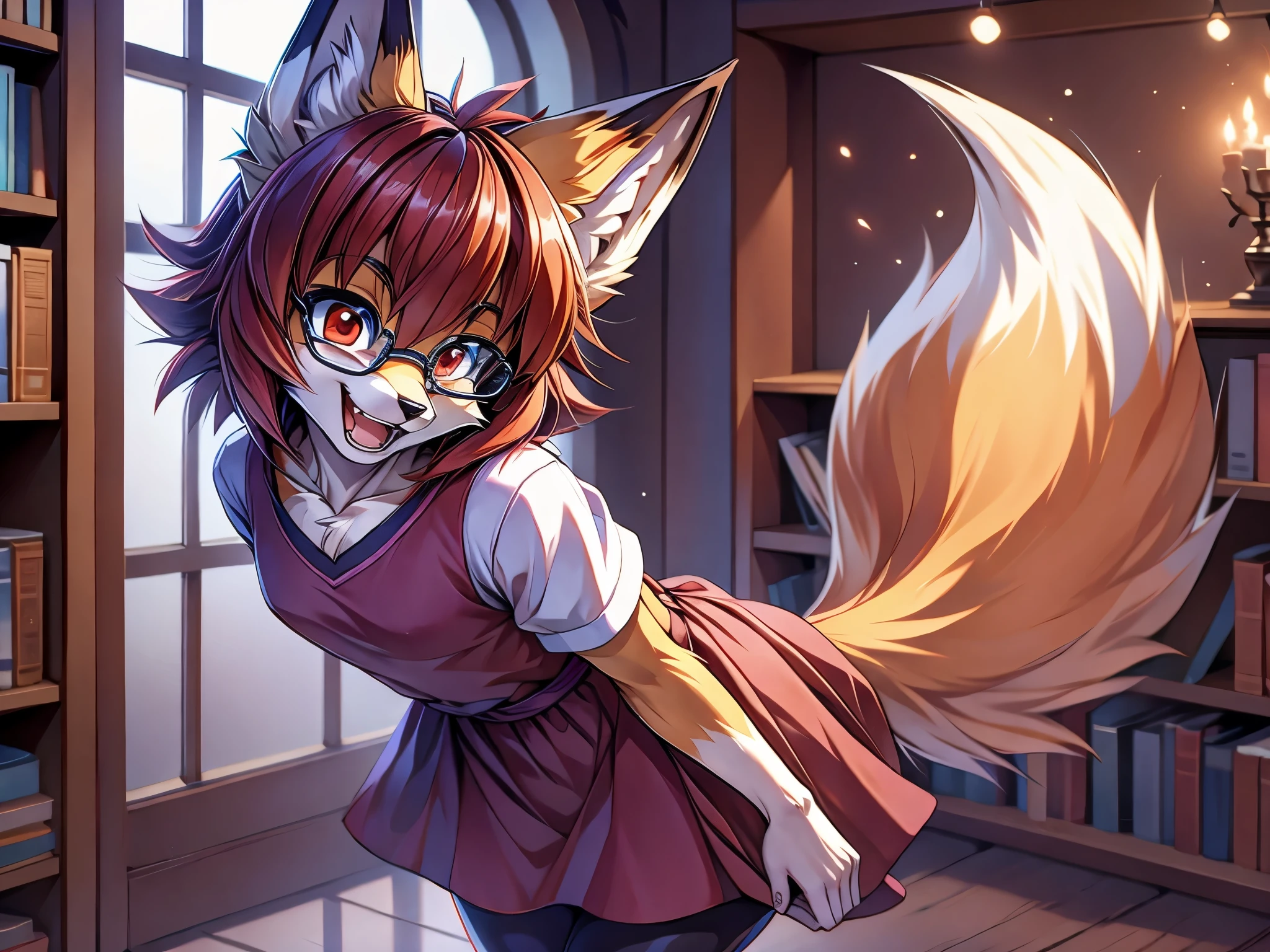 solo,  fox furry girl with short dark red hair, fluffy hair shy, beautiful red eyes, wearing square glasses,  very  fluffy tail, ears flatten , bow on dress, smug grin 17 years oung body, flat chest,  innocent ,  feminine girl, thin, wearing  cute leggings and shirt, tilted head, smiling open mouth, teeth, happy,  being adorable, good mood, standing in a library, excited, looking up, hopeful, side perspective anime style