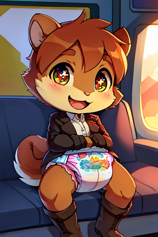 boy, squirrel, furry, bodyfur, blazer, bottomless, gloves, boots, chibi, happy, sparkling eyes, train, diaper, sitting, 