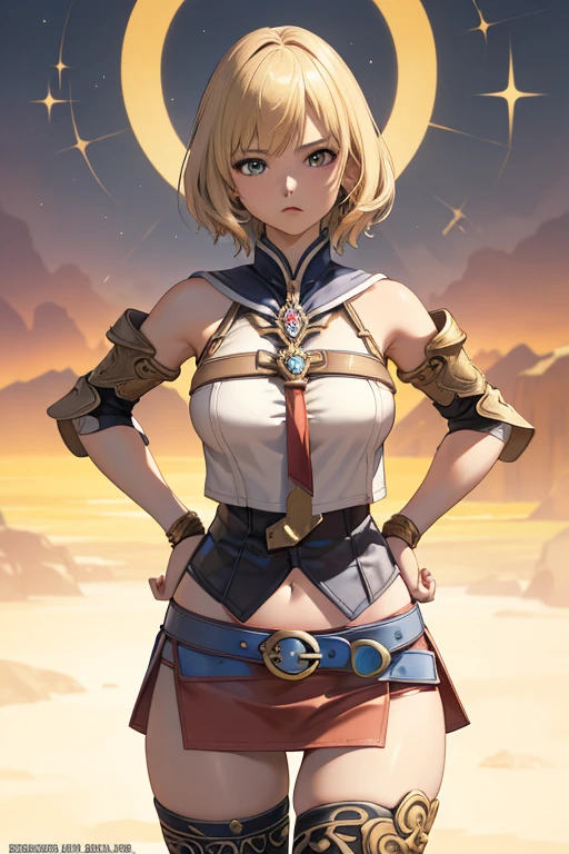 Cowboy Shot,(Golden Ratio,Tabletop, highest quality, highest quality, Official Art, beautifully、aesthetic:1.2), Very detailed, colorful,Best details,An illustration, Fantastic scene, (adult,19 years old,One Girl, alone, Final Fantasy 12,Asheria, short hair, short hair,Asheria Costume, huge , mini skirt,Knee socks, Thighs Thighs Thighs Thighs, gem, Blue Belt,One number on the belt),Course of action, Contemptuous look , Hands on hips、