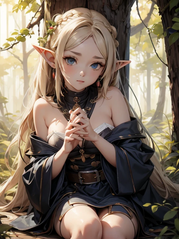 masterpiece, highest quality, Very detailed, 16k, Ultra-high resolution、1 middle-aged elf girl, Detailed face、Perfect Fingers, Elf Ears, Small breasts, blue eyes, Blonde, Braid, Sleeveless, , Light clothing, in the forest, Sitting on the branch of a big tree